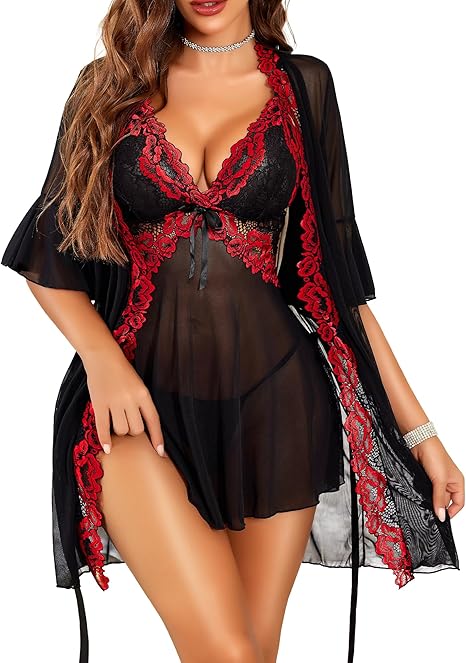 Women Sexy Lingerie Set 3 Piece Babydoll & Lace Kimono Robe Strap Chemise Nightgown Mesh Sleepwear