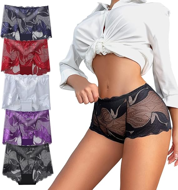 Womens Sexy Underwear Lace Panties High Waisted Plus Size Ladies Brief for Women 5-Pack