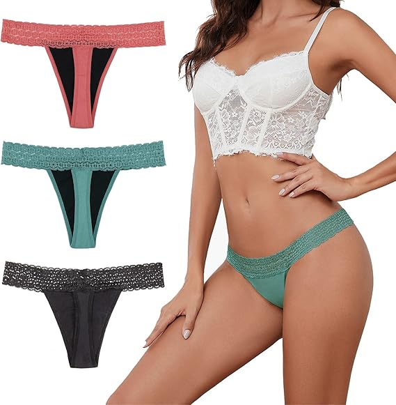 Sexy Period Underwear, Leak Proof Period Thongs for Women, Cotton Absorbent Period Panties Lace Bikinis