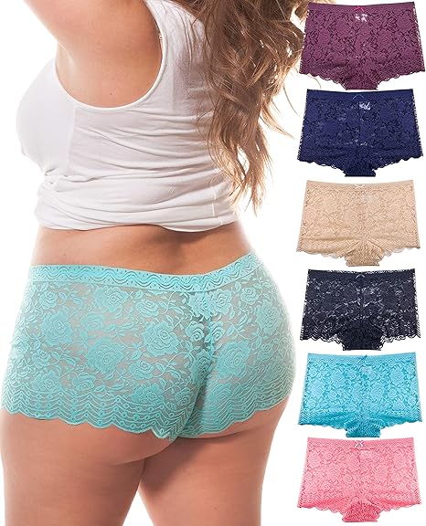 Barbra Lingerie Multi Pack of Women's Regular & Plus Size Lace Boyshort Panties