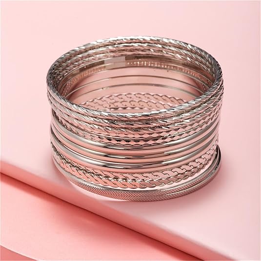 9-12Pcs Bohemian Indian Chunky Stackable Textured Bangle Bracelet Set Multilayer Boho Cable Rhinestone Bead Bracelet for Women Friend Vintage African Wedding Jewelry Birthday Gift