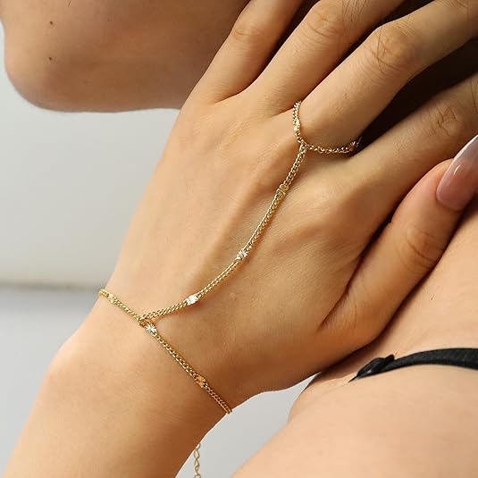 Gold Hand Chain Ring Bracelet Hand Jewelry for Women Finger Ring Link Bracelets for Women Non Tarnish