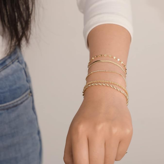 LEXODY Gold Bracelets for Women 14K Gold Herringbone Bracelets Sets Dainty Herringbone Jewelry Stackable Figaro Chain Paperclip Link Chain Cute Anklet Bracelet Pack for Women