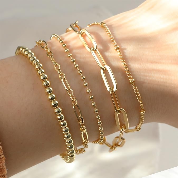 DEARMAY Waterproof Gold Bracelets Set for Women Trendy, Dainty 14K Real Gold Plated Jewelry Fashion Stackable Tennis Beaded Figaro Herringbone Paperclip Link Bracelet Pack Stack Gifts for Women