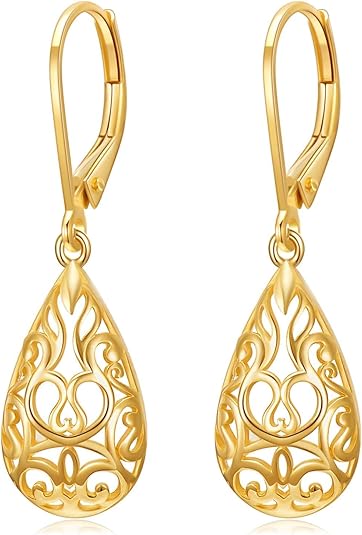 KECHO 14K Solid Yellow Gold Filigree Earrings Teardrop Drop Dangle Leverback Dangling Earrings Jewelry Gift for Women