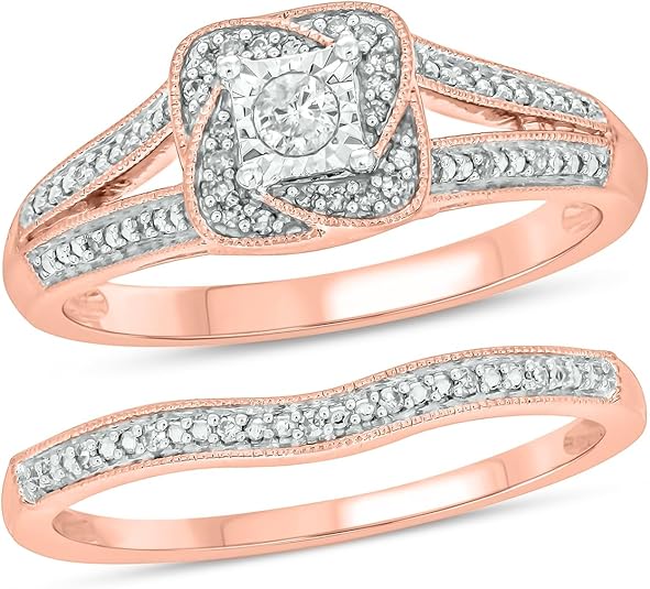 Cali Trove 1/5 CT Natural Diamond Bridal Ring Set | 14KT & 18KT Gold Vermeil Diamond Wedding & Engagement Rings | Promise Ring for Her | Halo Wedding Rings for Women in White Yellow or Pink Gold