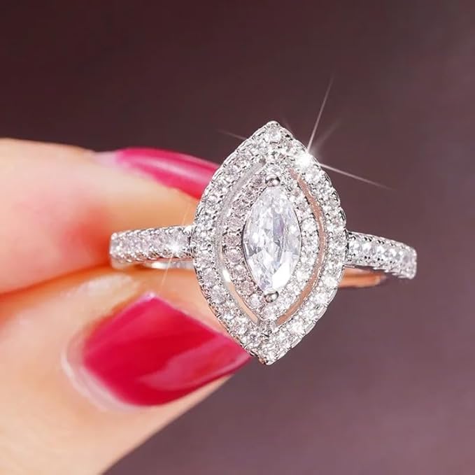 Delicate Marquise Cut Halo Ring for Women Cubic Zirconia Wedding Band CZ Promise Anniversary Art Deco Simulated Diamond Ring Engagement Moissanite Statement Bridal Eternal Promise Ring Size 8
