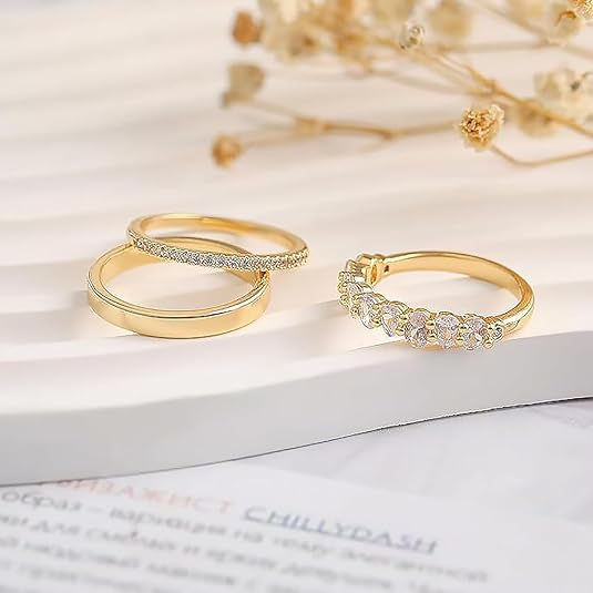 Rrdaily 14k Gold Stackable Rhinestone Statement Ring Set for Women,Multi-Layer Cubic Zirconia Thumb Ring Set,Chunky Delicate Ring Set Engagement Wedding Gift