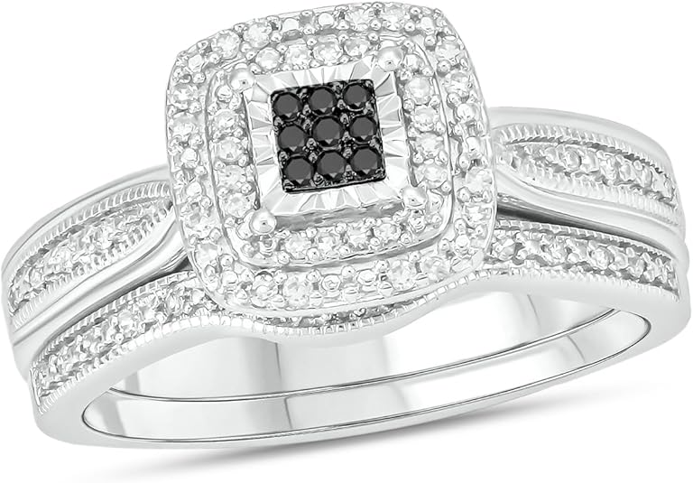 Cali Trove 1/5ct Natural Black & White Diamond Bridal Ring Set for Women | 925 Sterling Silver Square Halo Wedding & Engagement Ring for Women | Diamond Promise Rings for Her in White Gold