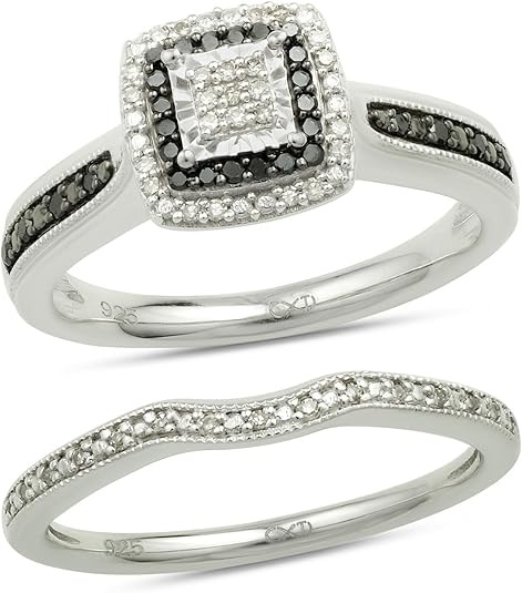 Cali Trove 1/5ct Natural Black & White Diamond Bridal Ring Set for Women | 925 Sterling Silver Square Halo Wedding & Engagement Ring for Women | Diamond Promise Rings for Her in White Gold