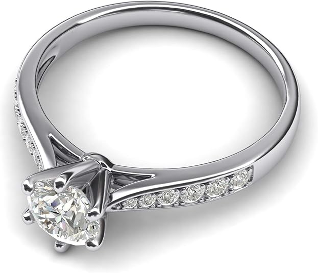 14k white gold 1.0 CT Classic 6-Prong Simulated Diamond Engagement Ring Graduated Side Stones Promise Bridal Ring