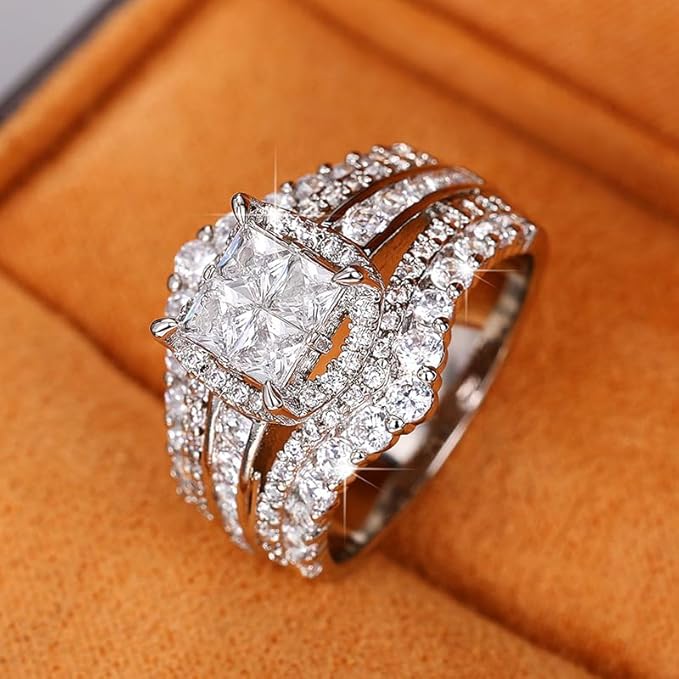 Ganquya 18K White Gold Plated Artificial Diamond Cubic Zirconia Halo Wedding Ring Set, Flash Wide Band Face Ring Eternity Engagement Promise Ring(8)