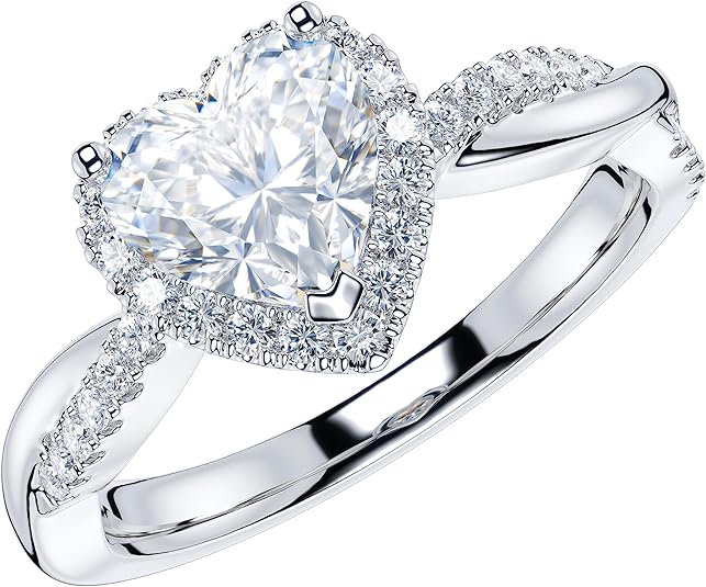 THELANDA Sterling Silver Petite Twisted Vine 1CT Heart-shaped Genuine Moissanite Halo Engagement Ring Promise Ring