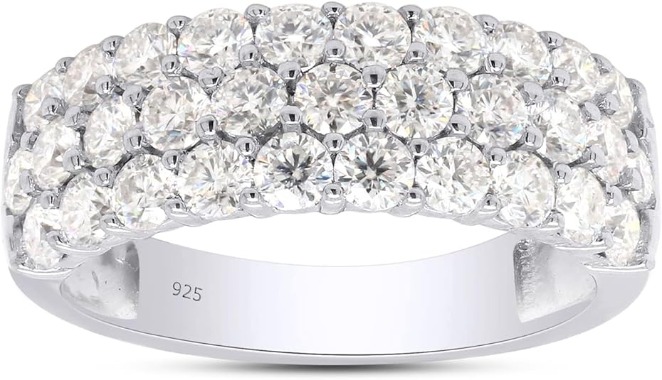 SAVEARTH DIAMONDS 1 1/2 Ctw Lab Created Moissanite & Lab Grown Diamond 3-Row Half Eternity Anniversary Band Ring For Women In 14K Gold Plated Sterling Silver (1.50 Cttw), Gift For Her