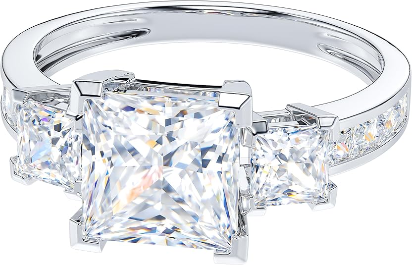 THELANDA 14k White Gold All Princess Cut Genuine Moissanite or Simulated Diamond Three Stones Engagement Ring 2CT Main Stone