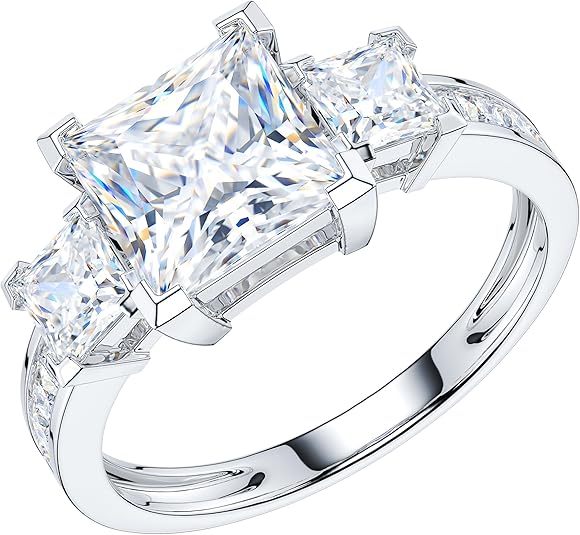 THELANDA 14k White Gold All Princess Cut Genuine Moissanite or Simulated Diamond Three Stones Engagement Ring 2CT Main Stone