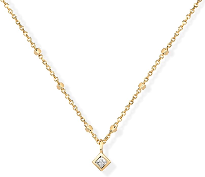PAVOI 14K Gold Plated Dainty Tube Ball Square Beaded Chain Bezel Set Solitaire Pendant Necklace for Women | Round Princess Marquise Cubic Zirconia Statement Necklace