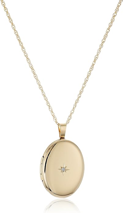 14k Gold-Filled Polished Oval Pendant with Genuine Diamond Locket Necklace, 18"