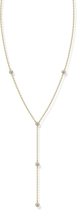PAVOI 14K Gold Plated Drop Lariat Chain for Women - Gold Cubic Zirconia Long Necklace - Station Star Layered Beaded Y Necklace