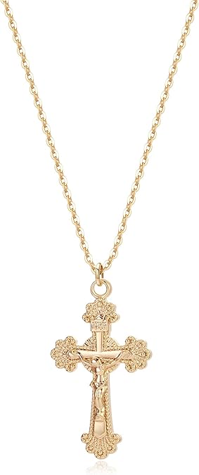Fettero Cross Necklace Faith Pendant 14K Plated Dainty Chain Minimalist Simple Tiny God Lords Prayer Religious Jewelry