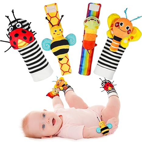 Infinno Baby Wrist Rattle Socks and Foot Detector Set, Suitable for 0-12 Months Newborn Boys and Girls as Bath Gift, Garden Insect Collection