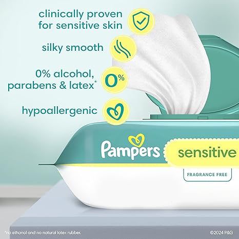 Pampers Sensitive Baby Wipes, Water-Based, Hypoallergenic, Unscented, 8-Clamshell Pack, 4 Refill Packs (1008 Wipes Total)