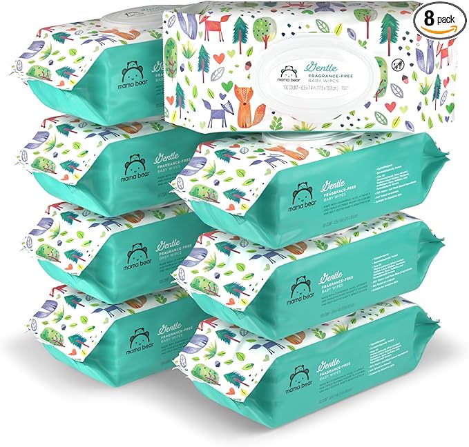 Amazon Brand - Mama Bear Gentle Fragrance-Free Baby Wipes, Hypoallergenic, Sensitive Skin, Unscented, 800 Count (8 Packs of 100 Count)