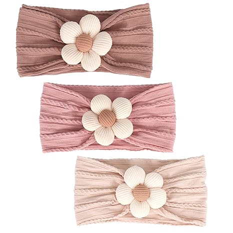 3-Piece Set Baby Flower Headbands Girls Baby Nylon Headbands Soft Hairbands Hair Accessories for Newborns Toddlers Children (Beige Pink Khaki)
