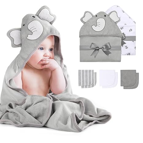 Momcozy Cute Elephant Hooded Baby Towel - 8 Bath Essentials, 2 x Towels and 6 x Washcloths Set - Perfect Shower Gift for Boy or Girl - Soft and Comfortable for Newborns, Babies and Toddlers