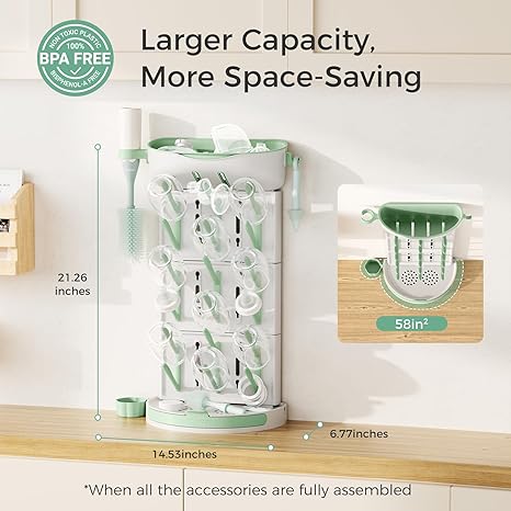Momcozy DIY Large Bottle Drying Rack for 18 Bottles, Space Saving Countertop Vertical Rack with Brush Holder, Removable Travel Bottle Holder for Baby Accessories and Pump Parts