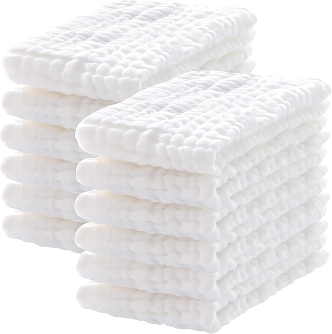 Pack of 12 Muslin Burp Cloths 100% Cotton Muslin Cloths Large 50.8cm x 25.4cm Super Soft Absorbent Baby Burp Cloths - White