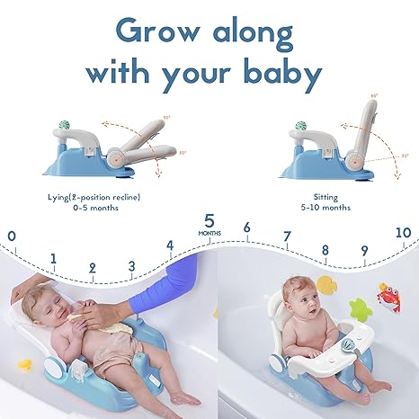 BabyBond Baby Bath Seat with Sitting & Lying 2 Modes, 3-Speed Adjustment, 3 Pcs Bath Toys, Infant Bathtub Chair with Powerful Suction Cups (Blue)