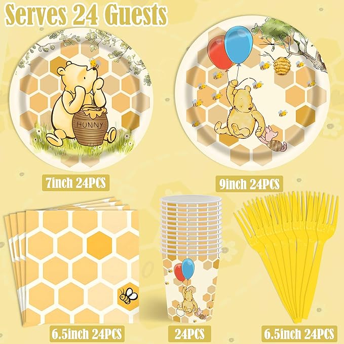 Classic Bear Party Supplies for 24 Guests for Baby Shower 1st Birthday Winnie the Pooh Themed Plates Napkins Cups Tableware Set