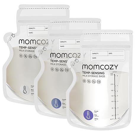 Momcozy Breast Milk Storage Bags, 8 oz, Temperature Sensing Color Change, 200 Count Milk Storage Bags with Pour Spout Breast Milk, with Self-Standing Breast Milk Bags for Breastfeeding, No Leak Pre-St