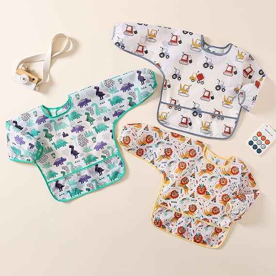Bibs with sleeves, 5 pack, waterproof shirt bibs, for babies 3-24 months, wipe clean