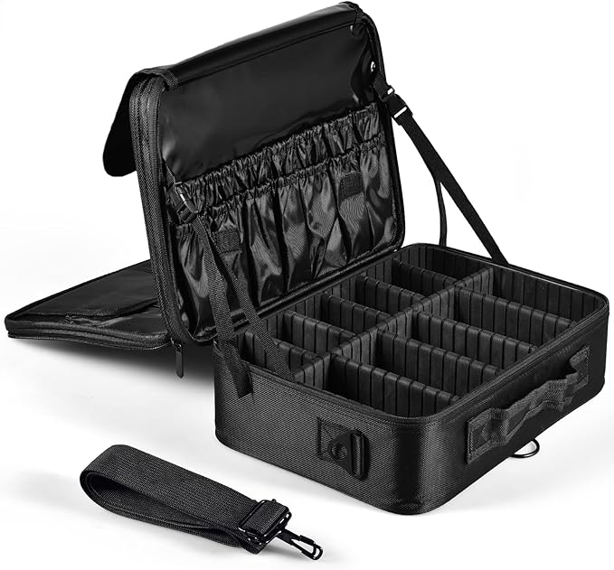 Large 15" Makeup Train Case Organizer, 3 Layers Travel Makeup Bag Cosmetic Toiletry Bag with Shoulder Strap,Makeup Artist Storage Case for Makeup Brush Skincare Organizer,Black