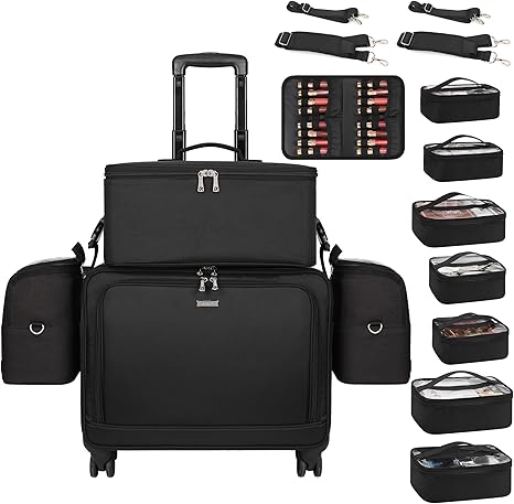 Rolling Makeup Bag Professional Makeup Artist Bags 4 in 1 Rolling Cosmetics Case Organizer Extra Large Trolley Travel Case with 360° Swivel Wheels and Adjustable Dividers