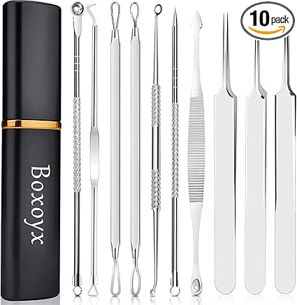 Pimple Popper Tool Kit - Boxoyx 10 Pcs Blackhead Remover Comedone Extractor Kit with Metal Case for Quick and Easy Removal of Pimples, Blackheads, Zit Removing, Forehead,Facial and Nose(Silver)